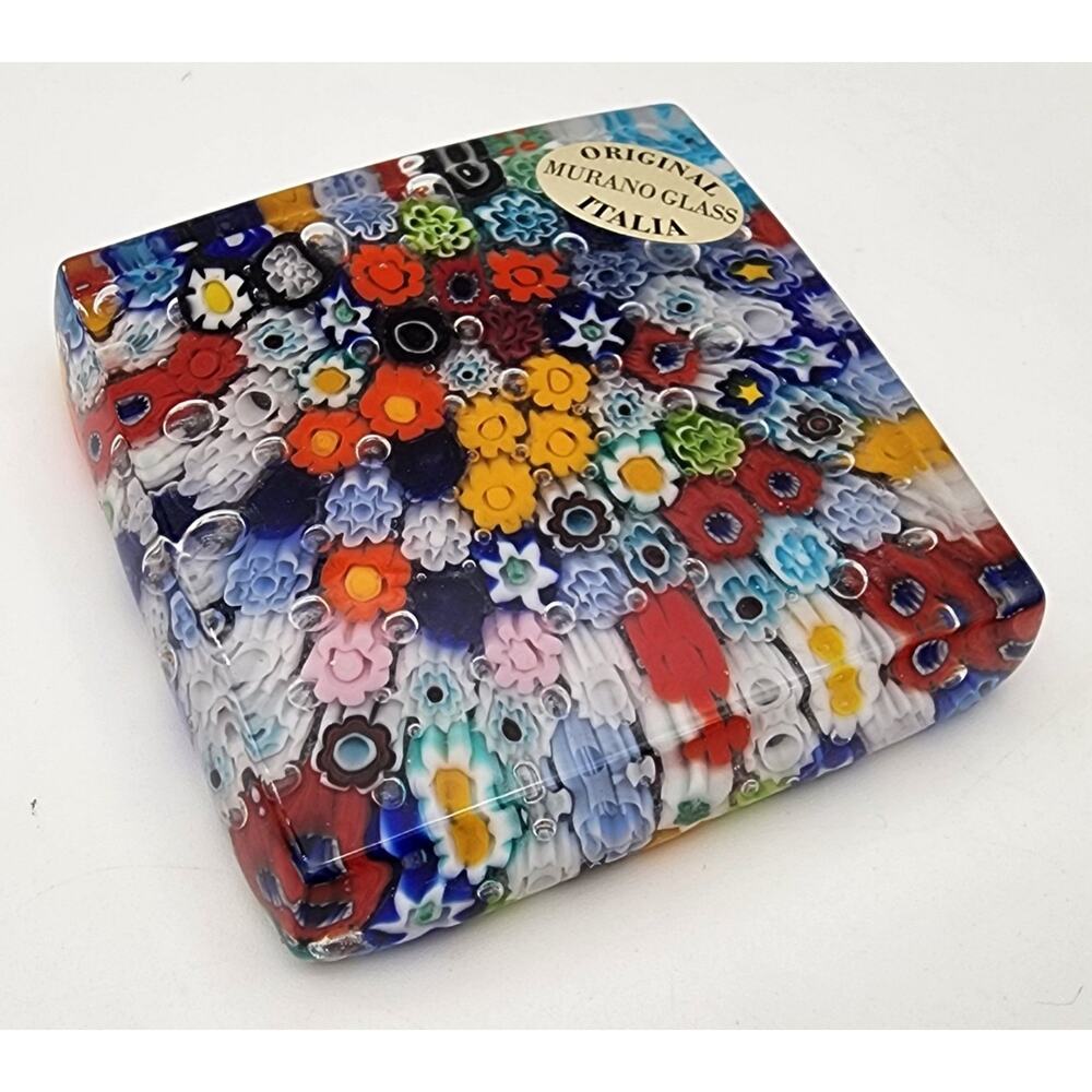 Vtg Murano Millefiori Square Paperweight Art Glass Multicolored Italian 2.75"